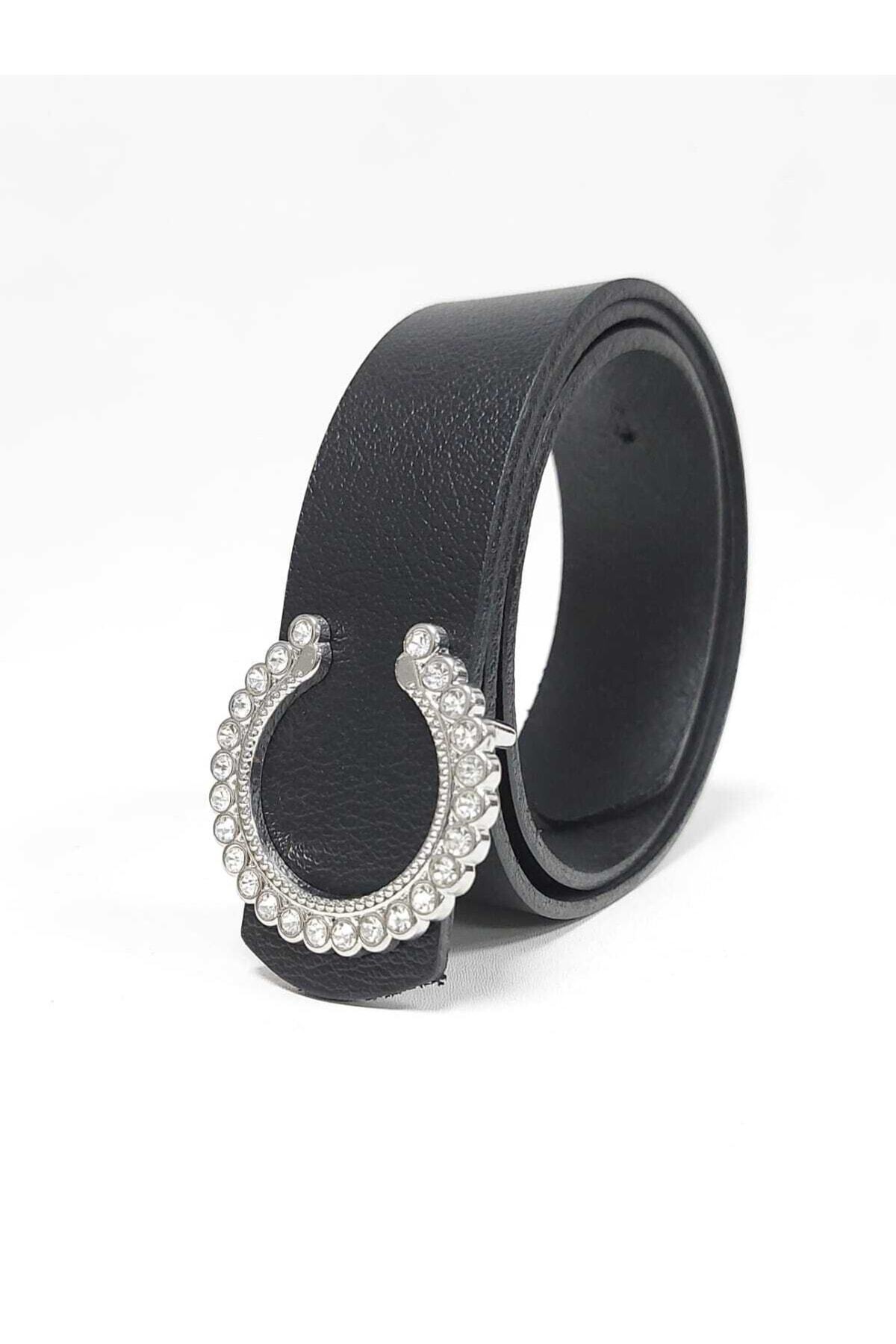 Kemerix-100% Genuine Leather Women's Black Belt with Stone and Silver Buckle 2