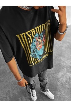 Legends Baskılı Oversize T-shirt Siyah MDG-Y-794
