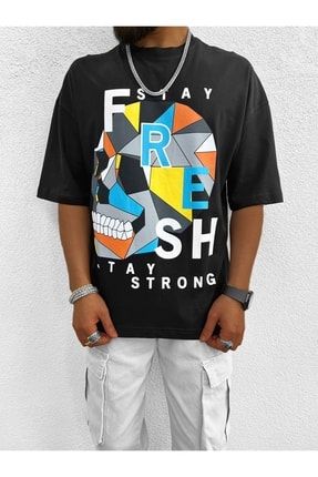 Fresh Baskılı Oversize T-shirt Siyah Y-697
