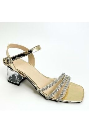 Altın Kadın Taşlı Üç Bant Abiye Topuklu Ayakkabı - Altın Dore - 39 BA03961