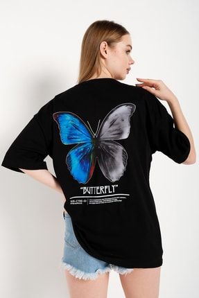 Kadın Siyah Butterfly Ön Arka Baskılı Oversize T-shirt BBTF-30-T