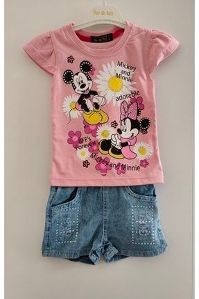 Mickey Ve Minnie Mouse Baskılı Tişört Ile Kot Şort 2'li Takım 2109