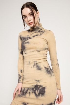 Kahverengi Batik Yıkamalı Bodycon Elbise 11843