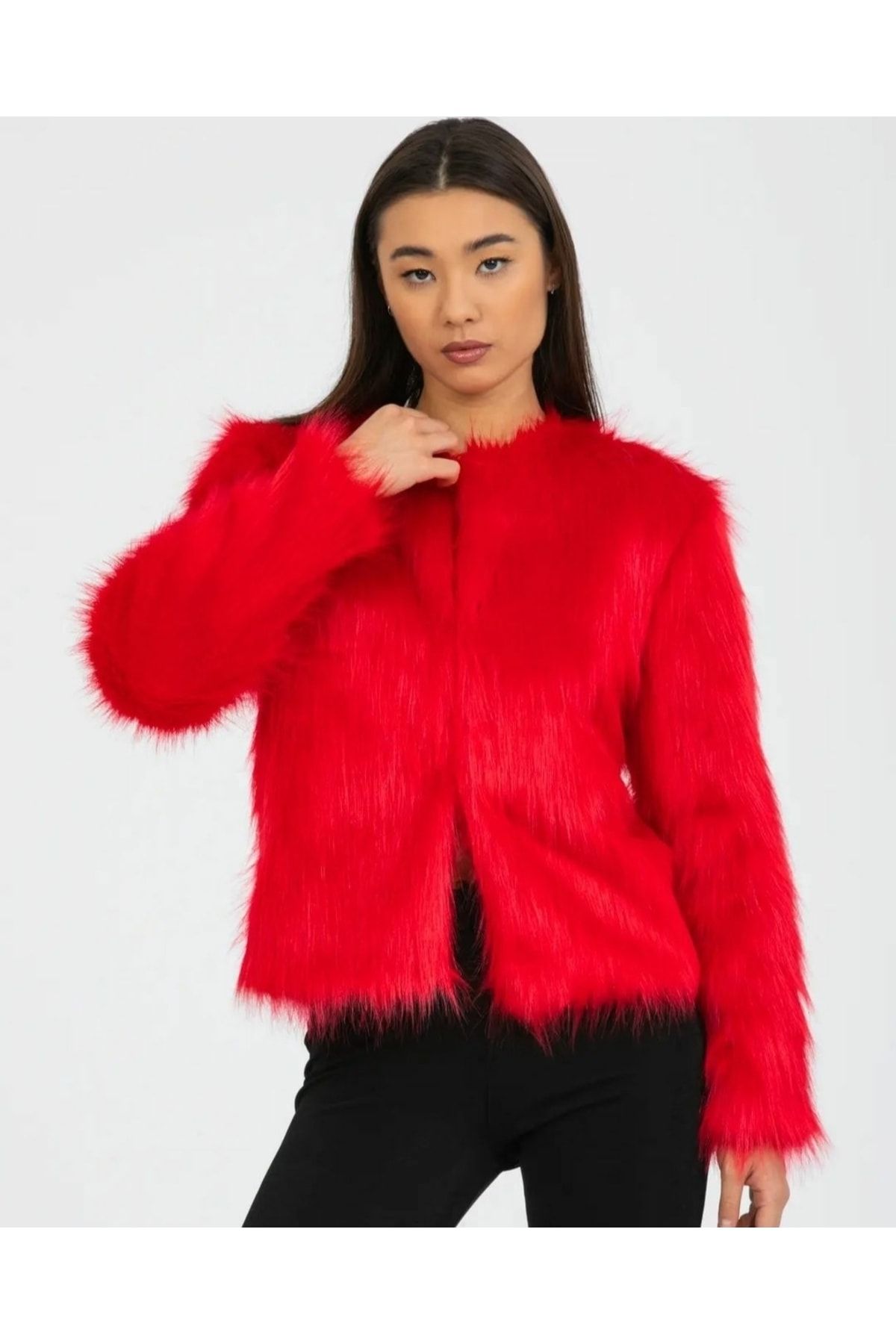 Red fur jacket zara top