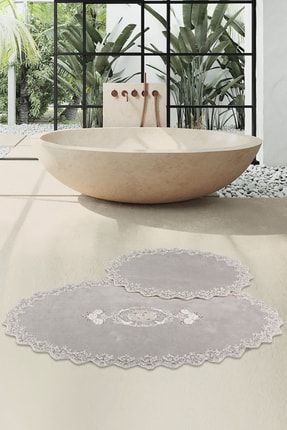 Cotton Lux Oval Gri 2'li Pamuk Dantelli Klozet Takımı Çeyizlik Banyo Paspası Seti BnyCottonAplikli