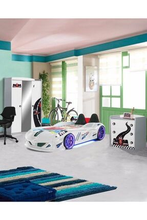 Formula Genç Odası , Beyaz Jaguar Full Ledli Arabalı Yatak Takımı formulatk5