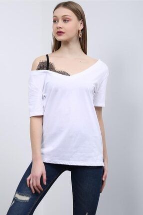 Kadın Beyaz Dantel V Yaka Ikili T-shirt TYC00102669831