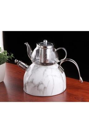 Beyaz Mermer Desen Cam Demlikli Düdüklü Çelik Çaydanlık Takımı PRA-3280808-5836