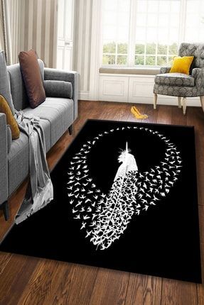Dijital Baskılı Kaymaz Taban Yıkanabilir Siyah Zeminli Kuş Tüyü Desenli Salon Halısı BL00034