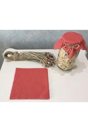 25 Adet Beyaz Puantiyeli Kırmızı Kavanoz Kapağı Kumaşı (örtüsü) Ve Boncuklu Bağlama Ipi adaesintisi124