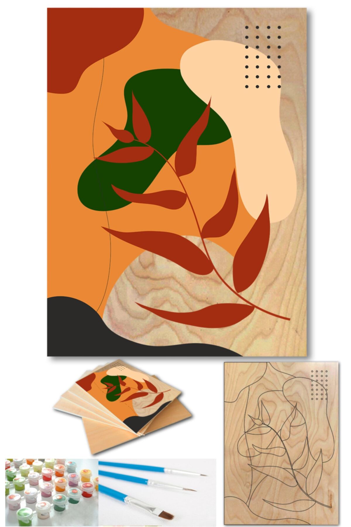 Lapis Home Decor Minimalist Yapraklar Tablo Sayılarla Ahşap Boyama Hobi Seti 35x50 cm 3'lü VB10523