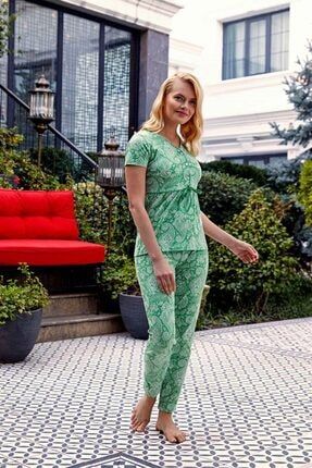 Kadın Yeşil Pamuklu Etek Robalı Patlı Kısa Kol Bluz Örme Pijama Takımı 4051 TY4051