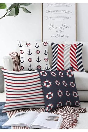 4'lü Çift Taraflı Lacivert Çapalı Çizgiler Motifli Modern Raşel Yastık Kırlent Kılıf Seti 55x55cm Sonil-K4luset703