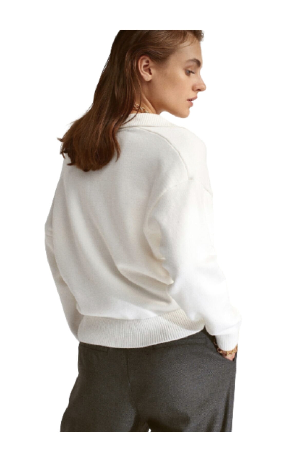 Genel Markalar  Kadın Polo Yaka Beyaz Triko Kazak, Standart Beden - Görsel 3