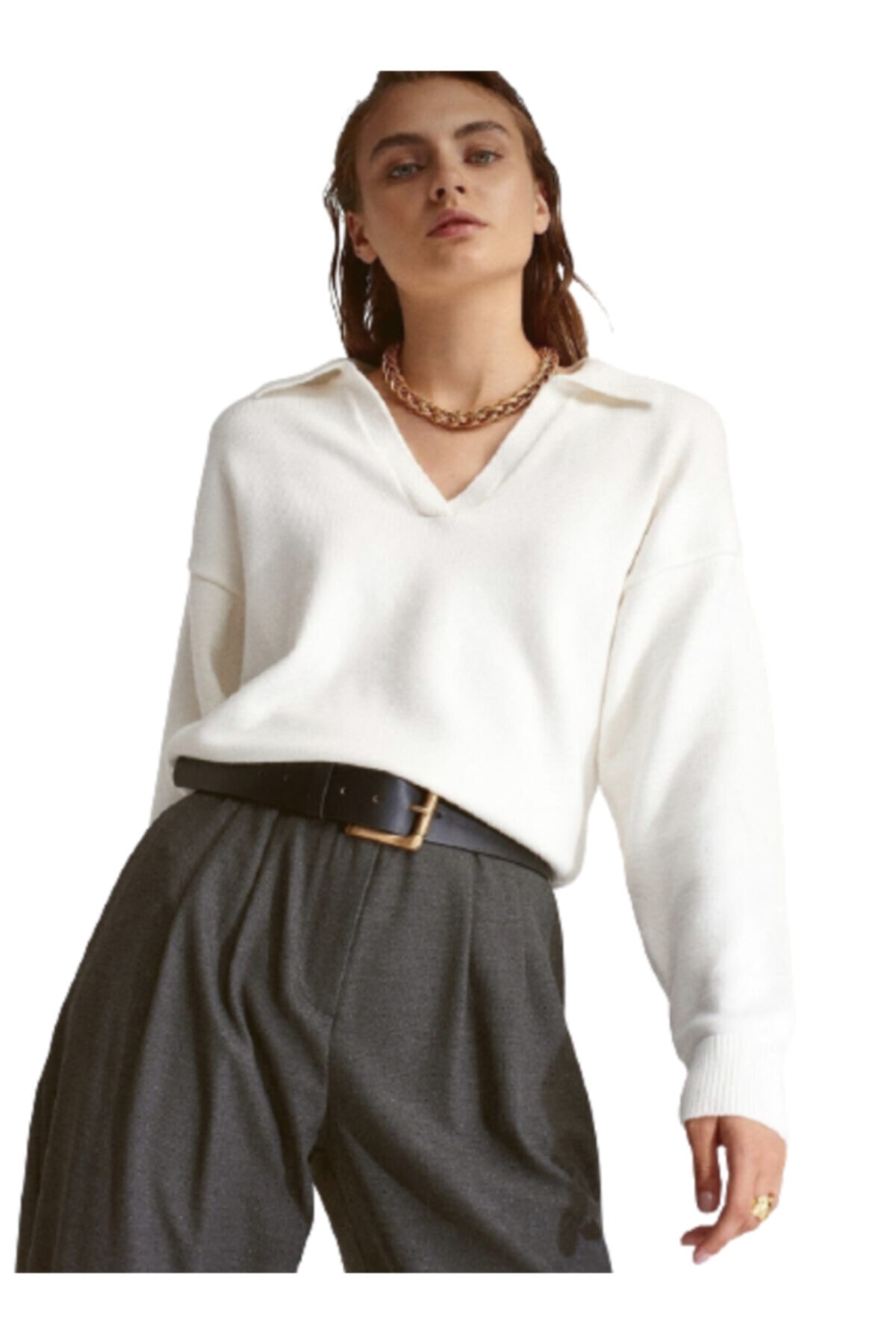 Genel Markalar  Kadın Polo Yaka Beyaz Triko Kazak, Standart Beden - Görsel 4