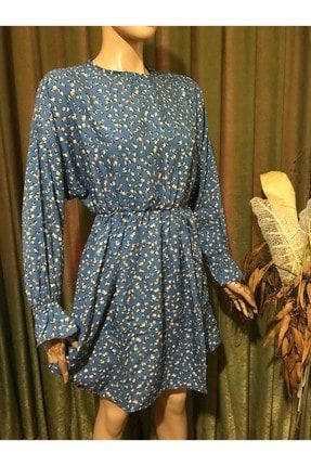 Kadın Mavi Çiçek Desenli Belden Lastikli Uzun Kollu Kısa Yazlık Elbise 9805MVCVKE