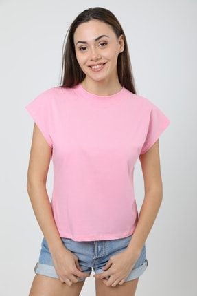 Kadın Pembe Pamuklu Kısa Kollu Basic T-shirt MDTRN11525