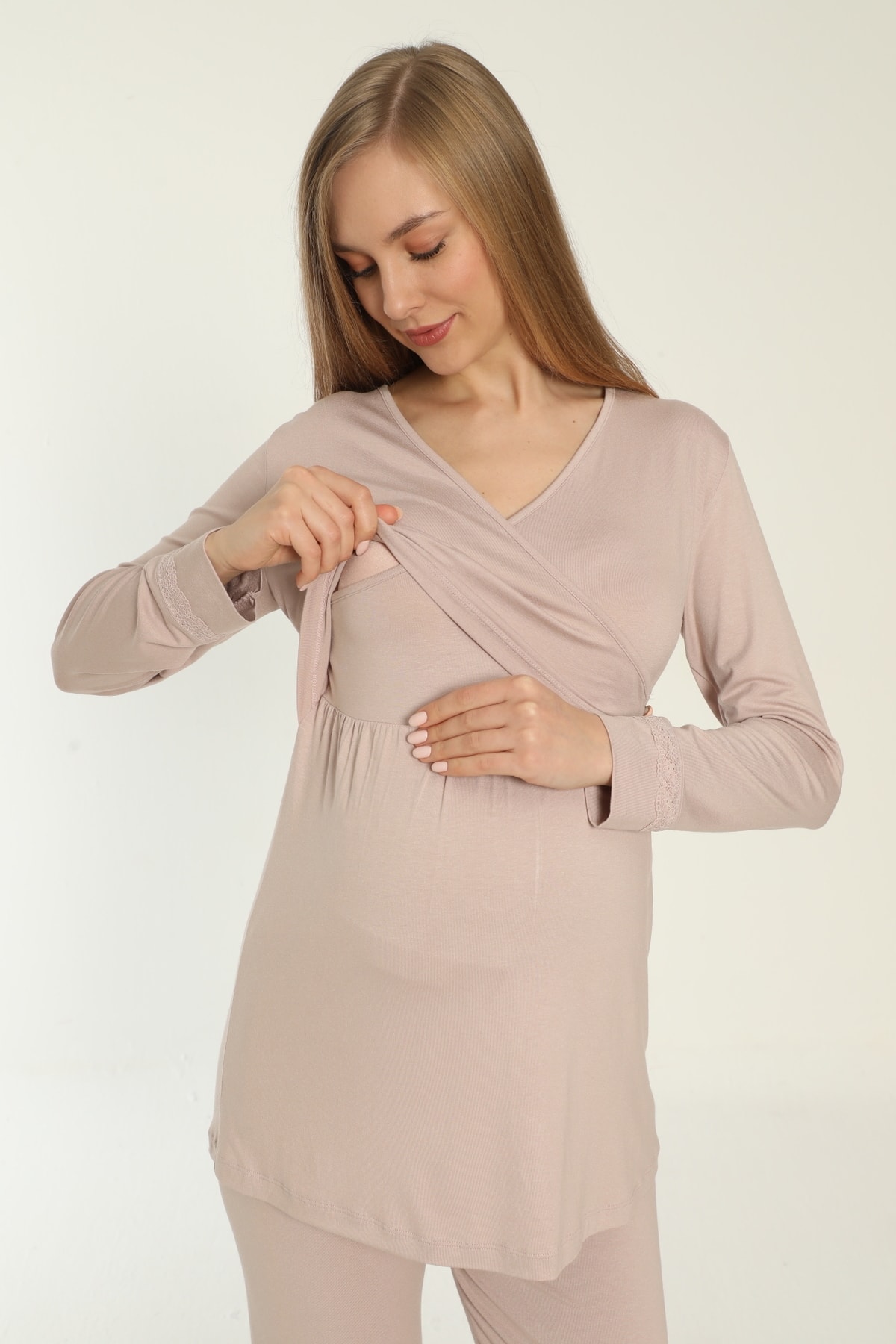 Miss Dünya Lissa Süt Kahve Emzirmeye Uygun Uzun Kol Lohusa Ve Hamile Pijama Takımı fotoğrafı 5 (önizleme)