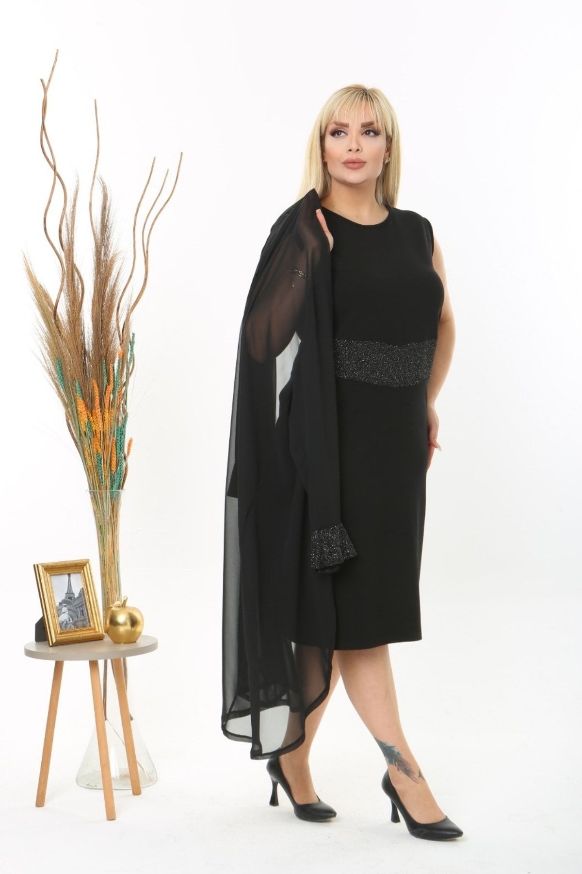 sinemisxxl Steel Fabric Plus Size Dress with Chiffon Jacket Trendyol