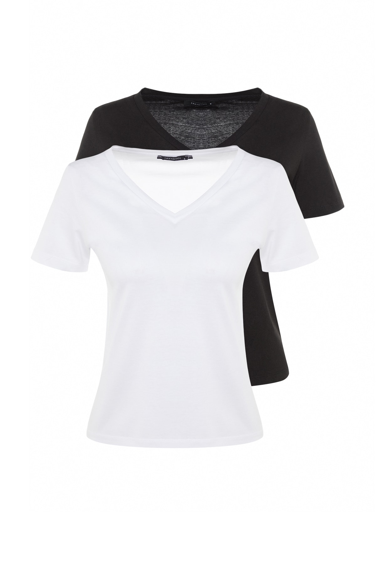 Trendyolmilla  Siyah-Beyaz %100 Pamuk 2'li Paket Basic V Yaka Örme T-Shirt TWOSS23TS00002 - Görsel 7