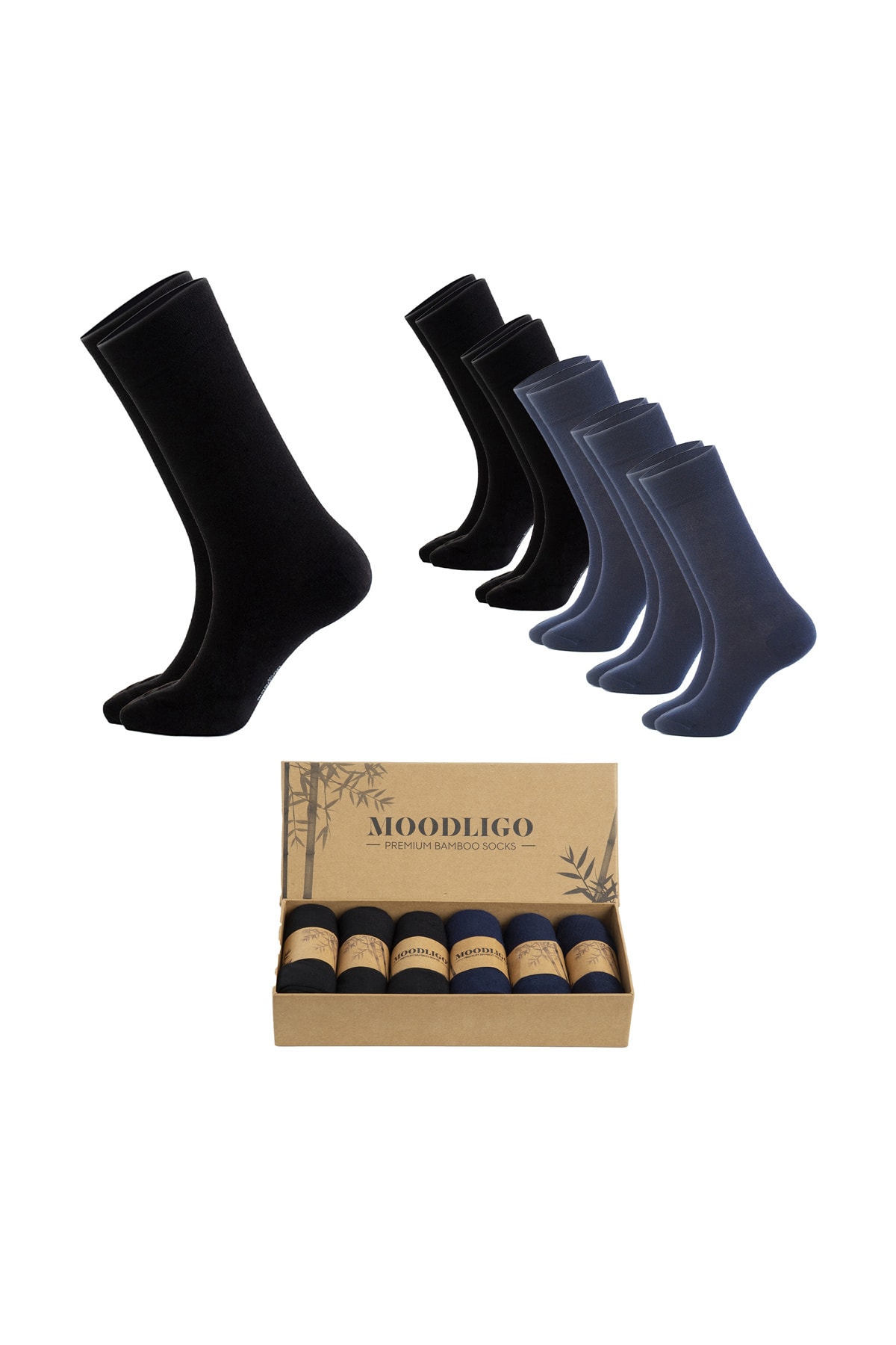Moodligo Erkek 6'lı Premium Bambu Soket Çorap - 3 Siyah 3 Lacivert - Kutulu