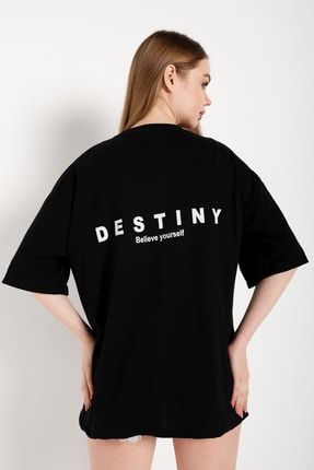 Kadın Siyah Oversize T-shirt Destıny Tasarım Baskılı Tişört TW-DESTINYTSRT
