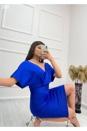kadın Mavi, Dalgıç Kumaş Kemerli Elbise RS-29172-S