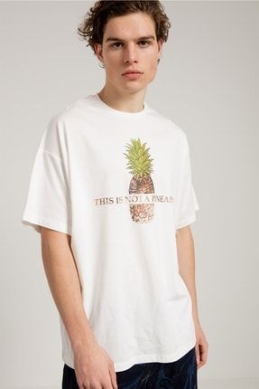 Leopar Ananas Baskılı Oversize Beyaz Elbise T-shirt 7015700