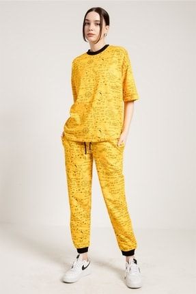 Formül Baskılı Oversize Sarı Kadın T-shirt 70114K