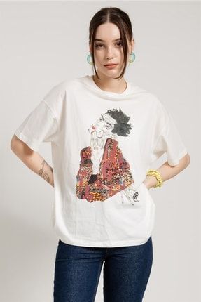 Özel Tasarım Egon Schiele Baskılı Oversize Beyaz T-shirt 7015600K