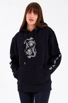 Dragon Baskılı Siyah Oversize Kadın Sweatshirt 70135K