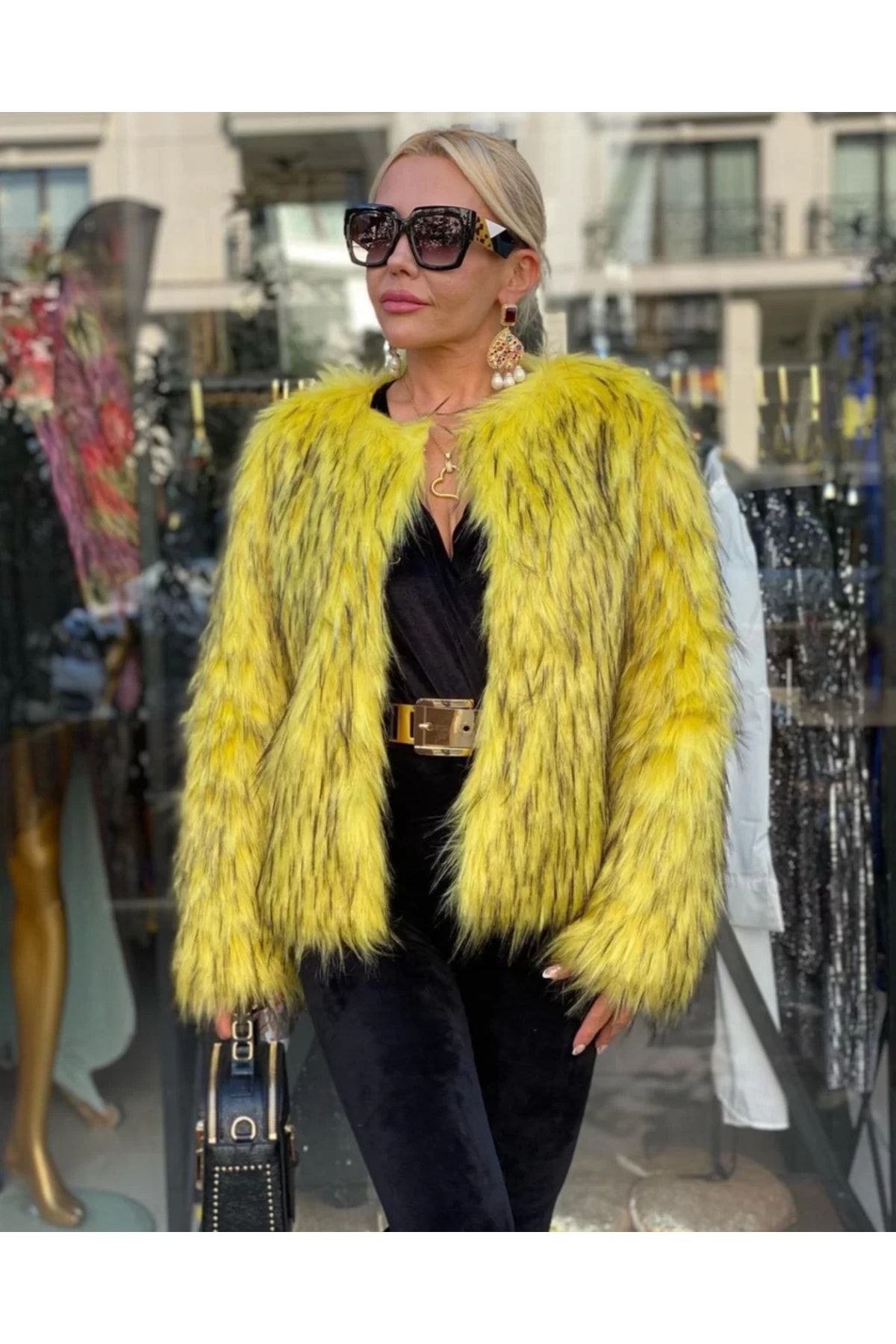 NARKISS Yellow Melted Collarless Faux Jacket
