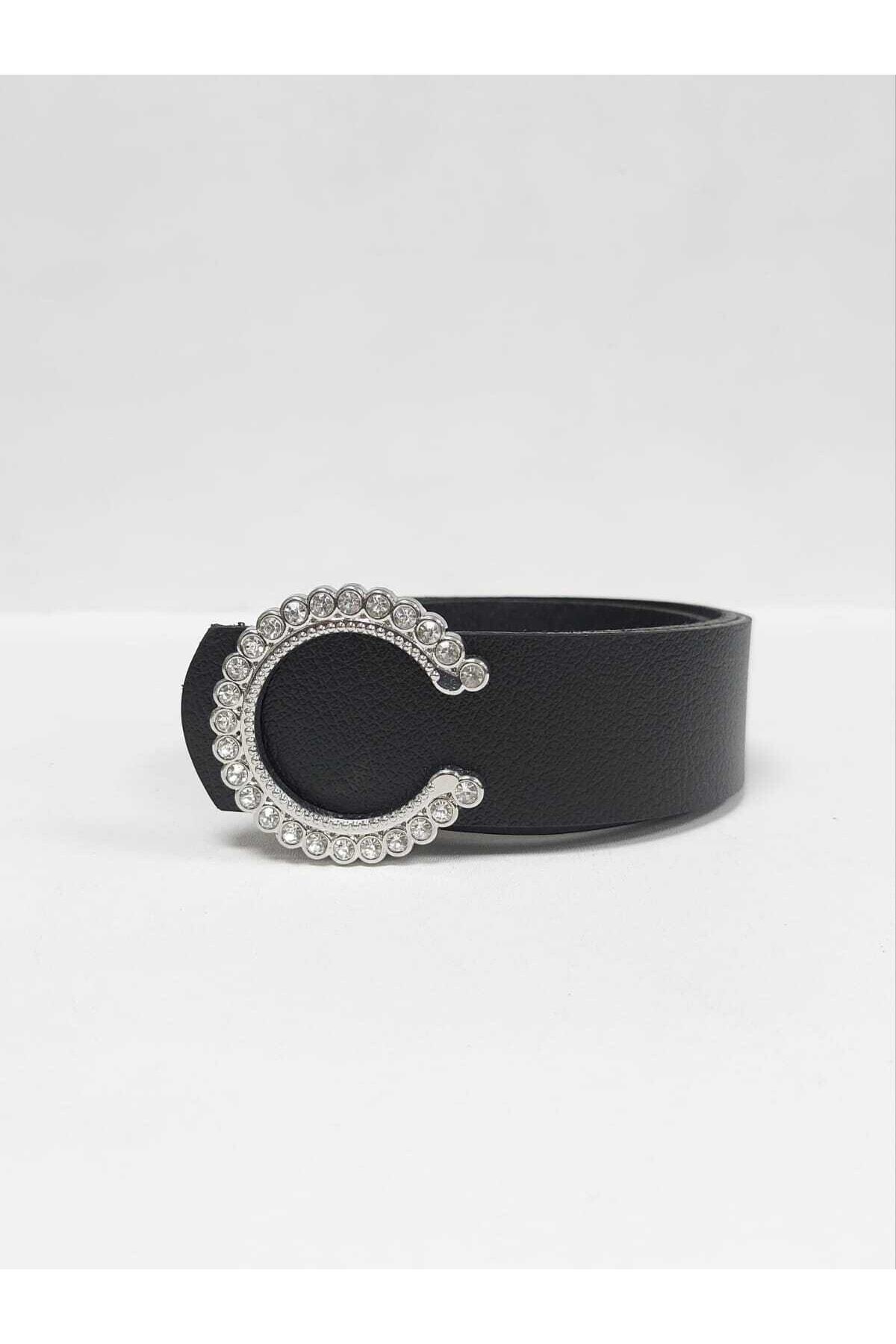 Kemerix-100% Genuine Leather Women's Black Belt with Stone and Silver Buckle 3