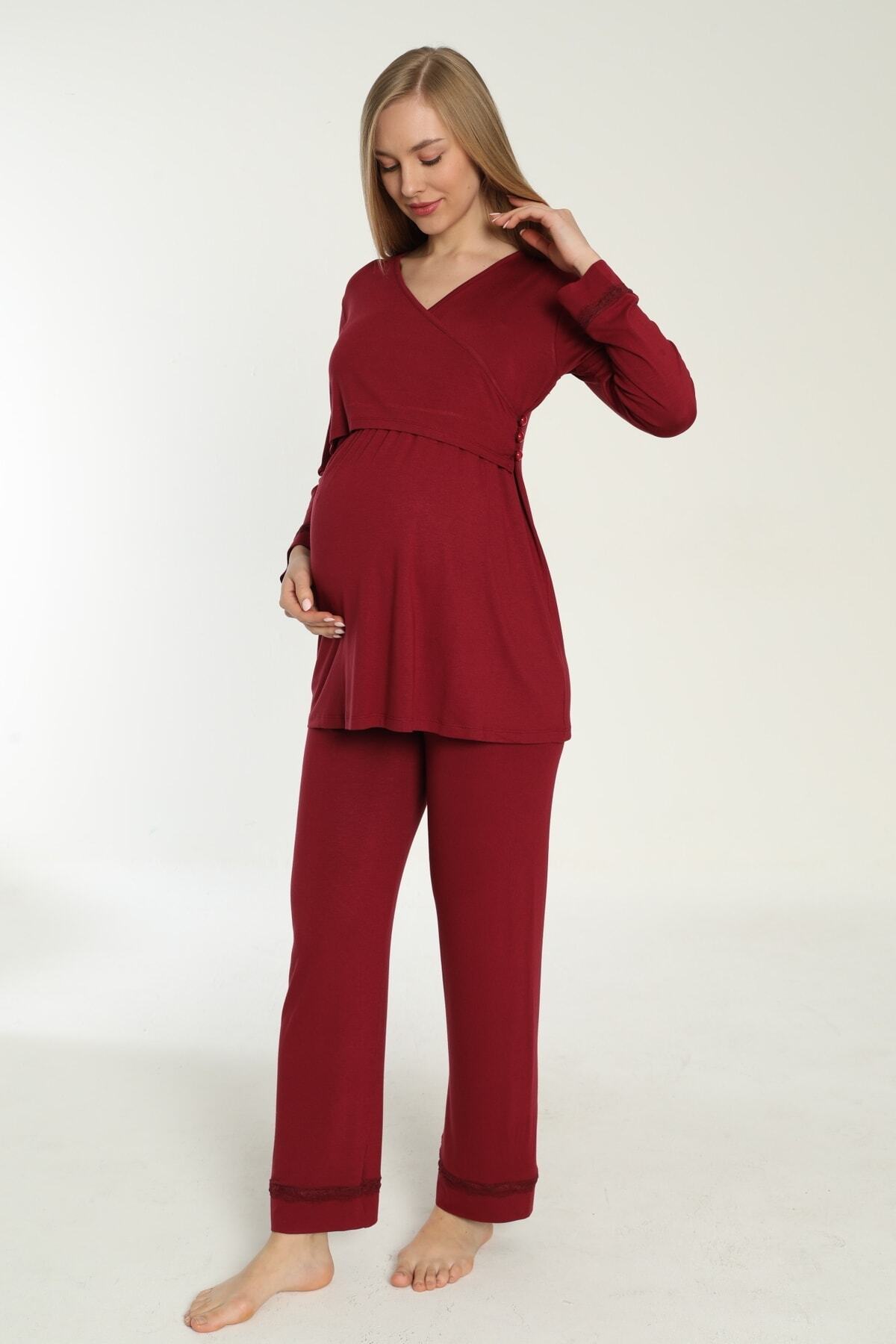 Miss Dünya Lissa Bordo Emzirmeye Uygun Uzun Kol Lohusa Ve Hamile Pijama Takımı fotoğrafı 2 (önizleme)