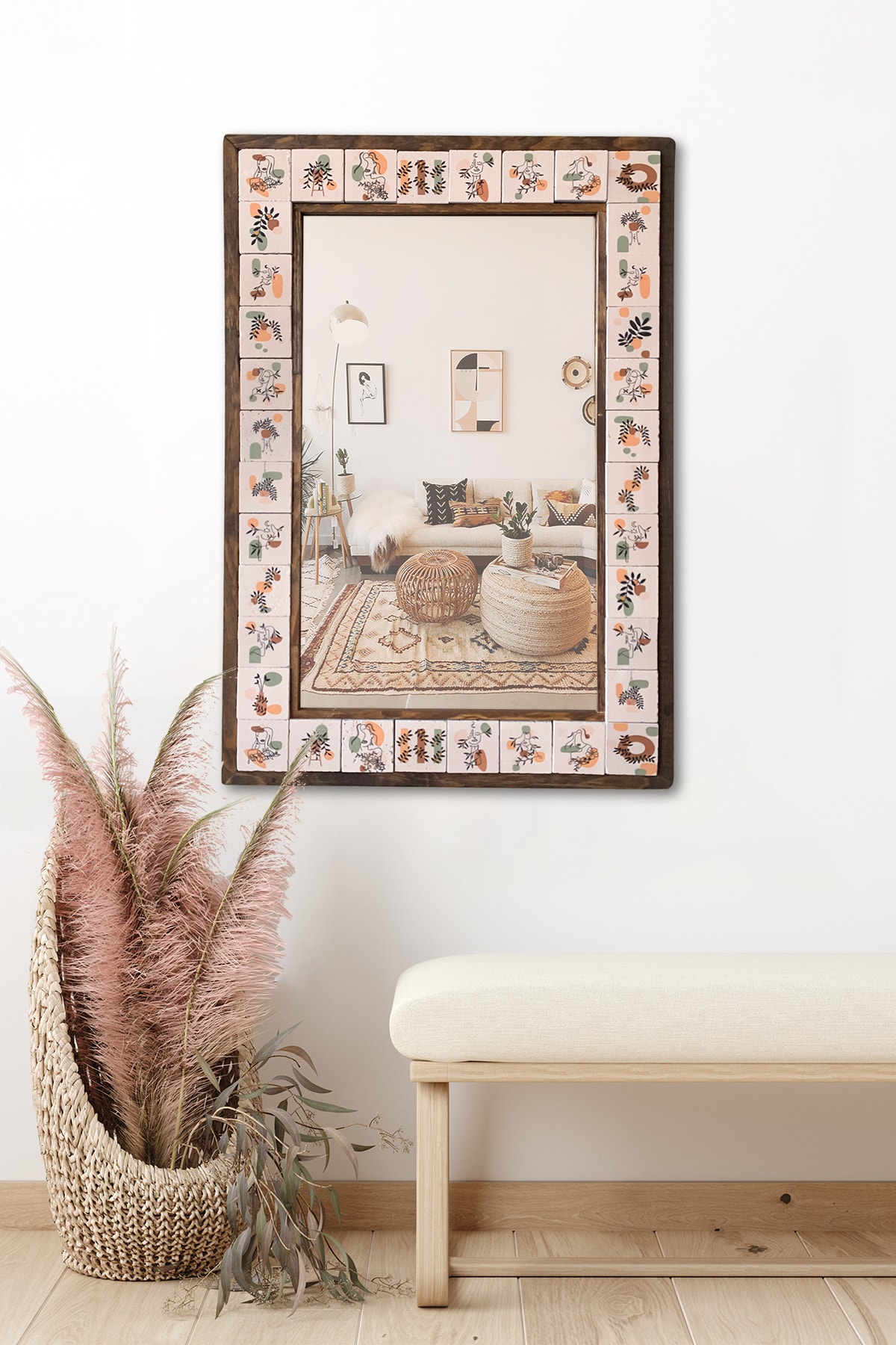 Pinecone Bohem Taş Duvar Aynası, Ahşap Çerçeveli Dekoratif Ayna, Salon Konsol Boy Aynası, Wall Mirror 43x63cm