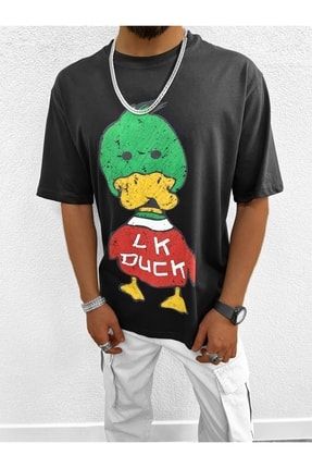 Duck Baskılı Oversize T-shirt Siyah Y-747