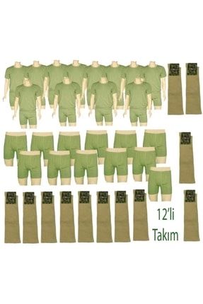 Asker Çamaşırı Fanila Yarım Kol Ve Haki Çorap Seti 12'li Takım TKM-001