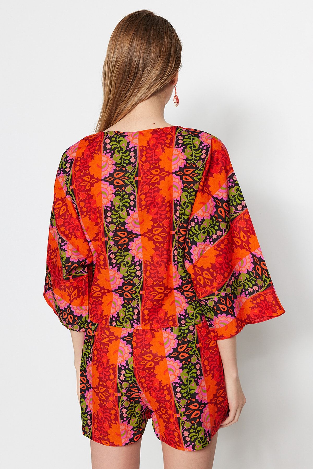Trendyol Collection-Floral Pattern Woven Tie-Up 100% Cotton Blouse Shorts Set 5