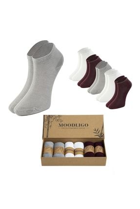 Kadın 6'lı Premium Bambu Patik Çorap - 2 Gri 2 Beyaz 2 Bordo - Kutulu MDLW-6KP-BOX