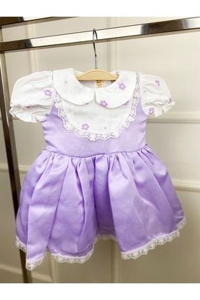 Kız Bebek Kız Çocuk Elbise Pamuk Saten Fisto Kenarlı Lila Rengi MILALILA