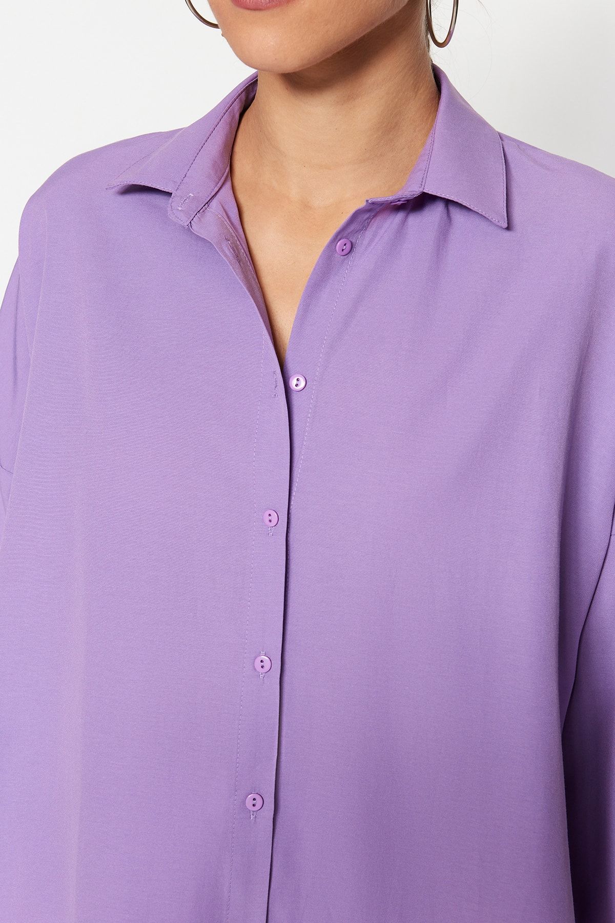 Trendyol Collection-Fioletowa koszula oversize z tkaniny bawełnianej - szeroki krój TWOSS22GO0669 2