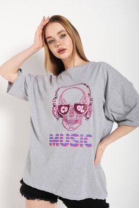 Kadın Gri Oversize T-shirt Music Ön Baskılı Tişört TW-MSCTSRT