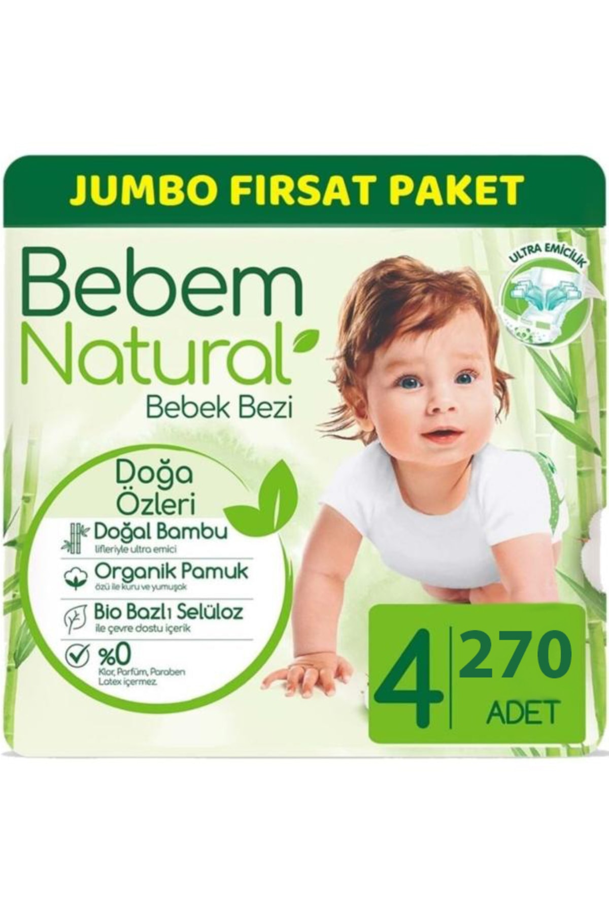 Bebem Natural Bebem Bebek Bezi Natural Jumbo Fırsat Pk Beden:4 (7-14kg) Maxi 270 Adet
