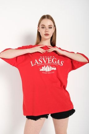 Kadın Kırmızı Oversize Las Vegas Baskılı T-shirt LSVG-03