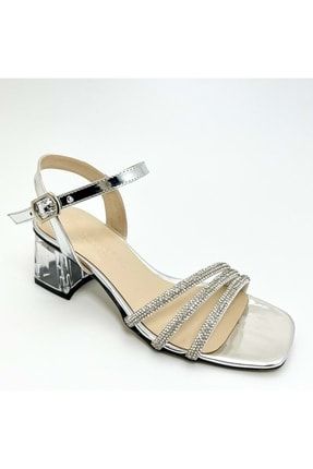 Gümüş Kadın Taşlı Üç Bant Abiye Topuklu Ayakkabı - Gümüş - 39 BA03961