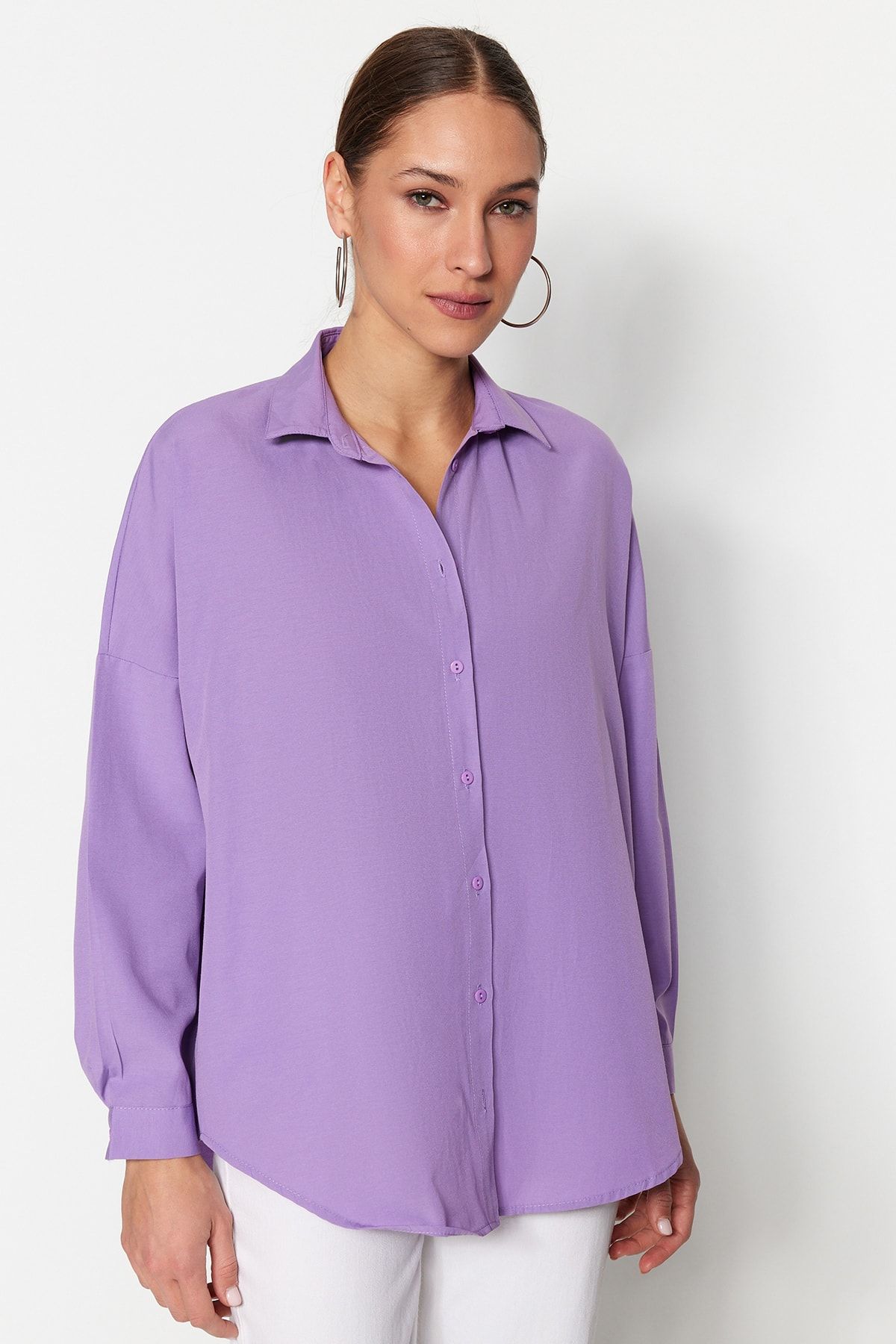 Trendyol Collection-Fioletowa koszula oversize z tkaniny bawełnianej - szeroki krój TWOSS22GO0669 4