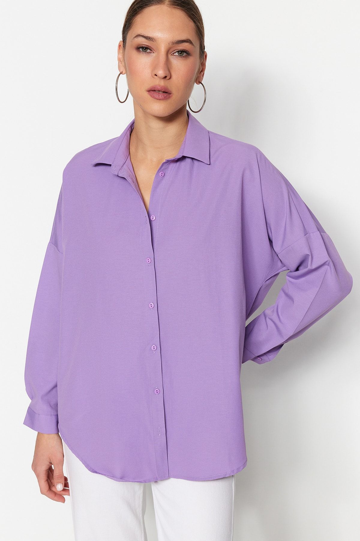 Trendyol Collection-Fioletowa koszula oversize z tkaniny bawełnianej - szeroki krój TWOSS22GO0669 6
