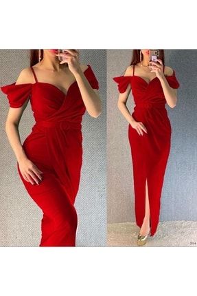 Kadın Kırmızı, Omuz Detaylı Kemerli Önden Yırtmaç Detaylı Ithal Krep Kumaş Abiye Elbise PZ-39144-S