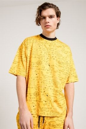 Formül Baskılı Oversized Sarı Erkek T-shirt 70114