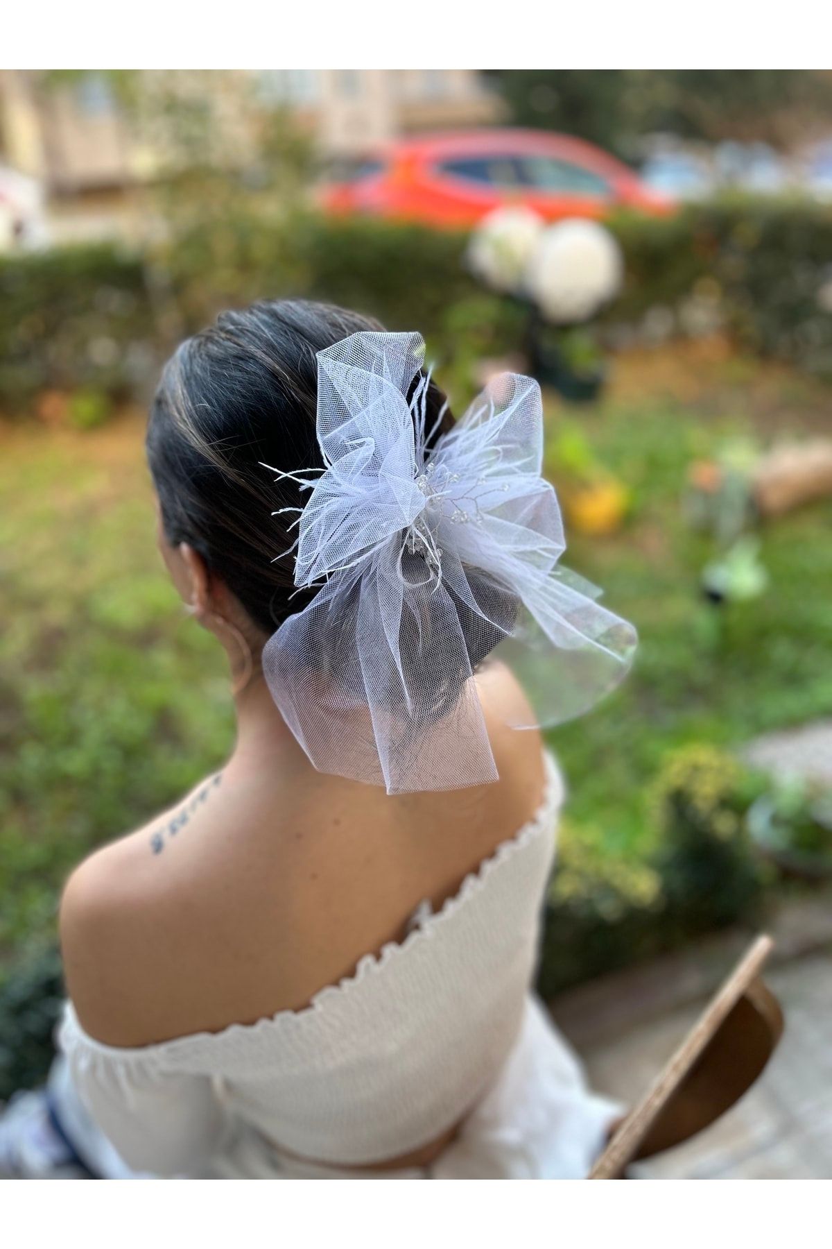 Merrie White Tulle Ribbon Feathered Clip Bridal Hair Accessory
